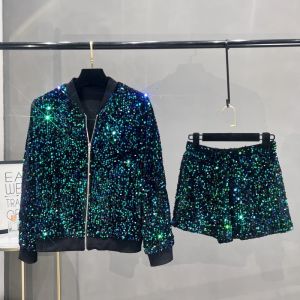 พรีเมี่ยมSequined Coatเสื้อสูทผู้หญิงซิปด้านบนเบสบอลลําลองอเนกประสงค์และบาง 2 ชิ้นแฟชั่นผู้หญิง