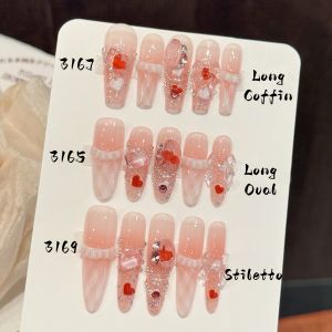 10 Bộ Móng Giả Hình Quan Tài Oval Làm Thủ Công Kiểu Dáng Ngọt Ngào Với Nơ Hồng Hình Trái Tim Dành Cho Nữ Dự Tiệc