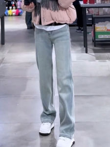 Light Blue High Waist Straight Leg Jeans Womens Spring 2024 New Style Slimming Small Size Narrow Version Wide Leg Pants