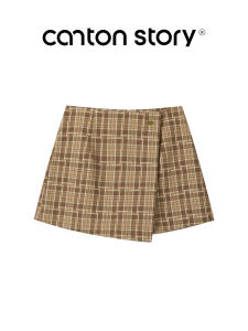 Cantonstory | Retro Pink Plaid High Waist A-Line Skirt Shorts Autumn