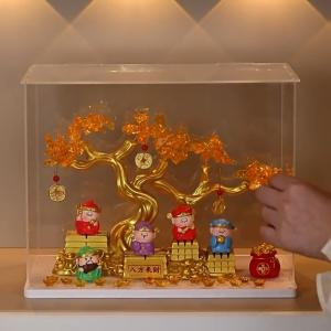 Acrylic Display Case: Maneki-neko Five Gods of Wealth and Money Tree | Lunar New Year Living Room Wealth-Attracting Decor | Grand Opening and Housewarming Gift