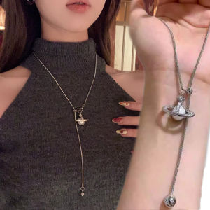 สร้อยคอสไตล์ยาวพู่ดาวเสาร์ที่สง่างามการออกแบบดาวเคราะห์สร้อยคอจี้ไข่มุกเทียมห่วงโซ่ตกแต่งเสื้อกันหนาว