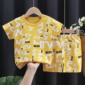 Pure Cotton Childrens Short Sleeve Set Korean Style Boys Casual round Neck T-shirt Cartoon Pattern Summer Wear for Kids