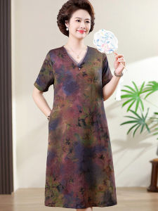 Elegant Silk Dress Womens Summer New Style Medium-aged Mom Slimming Floral Design  Silk Midi Dress V-neck Short Sleeve