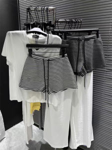 กางเกงขาสั้นทรงหลวมเอวสูงลายทางสไตล์เกาหลีสำหรับผู้หญิง กางเกงขาสั้นทรงหลวมสบาย ๆ สำหรับฤดูร้อน 2025 กางเกงขายาวทรงตรง