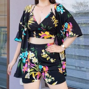 Small-3XL Fit 3in1 Set Bohemian Summer Outfit KimonoTopShort Elegant Beachwear Sets Coordinates RANDOM PRINTS/DESIGN!