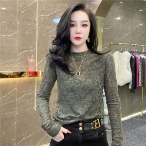 Autumn New Arrival Brushed Cut Out Lace Shirt Half Turtleneck Silm Slimming Long Sleeve Top Womens Inner Wear Internet Celebrity Small Shirt Fashion