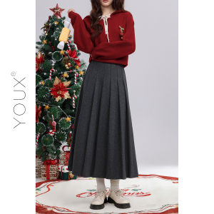 YOUXIANG | Chân Váy Len Xám Caro Cao Waist Retro