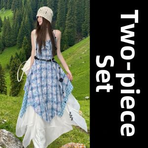 Karrar betsey | Blue Dye Check Irregular Summer Vacation Style Dress Set