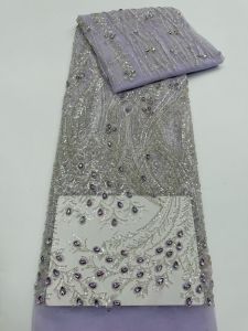 Luxury French Hand Beaded Lace Fabric Bridal Fabric High-end Wedding Fabrics Nigerian Sequins Beads Embroidered on Tulle 5 Yards