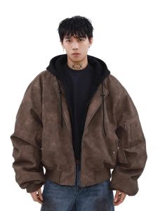Retro American Brown Faux Two-Piece Jacket Mens Lazy Hooded Shape Outerwear Autumn Winter Warm Thickened Polyester Fiber