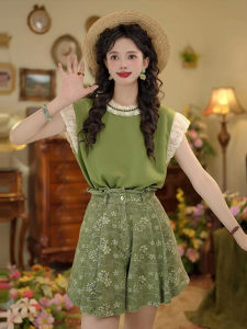 Shalldoer | College Style Womens Summer Round Neck Ruffle Splice Sleeveless Top Vintage Green Mini Skirt Two Piece Set Short Sleeve