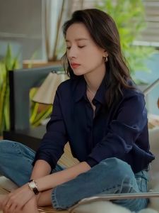 Deep Blue Satin Womens Shirt Long Sleeve Career OL Top Lightweight Luxury Spring Autumn Chiffon Professional Looking Blouse