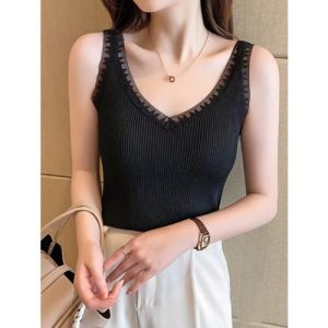 Áo Len Dệt Kim Không Tay Ngắn Màu Trắng Cổ Chữ V Ren Splicing Áo Lót Nữ Áo Khoác Ngoài Mùa Hè 2025 Áo Chui Đầu Màu Trơn