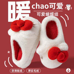 Dép Bông Dễ Thương Cho Nữ Mùa Thu Đông 2025 Dép Nhung Trong Nhà Mới Dày Thắt Nút Bướm Đế EVA Dép Bông Mùa Đông Ấm Áp