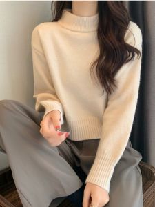 เสื้อสเวตเตอร์ถักคอสูงแบบสวมหัวสไตล์ฝรั่งเศสสำหรับผู้หญิงในฤดูใบไม้ร่วงและฤดูหนาว เสื้อคลุมกันหนาวแบบหนา แขนยาว ทรงหลวม โพลีเอสเตอร์ 100%