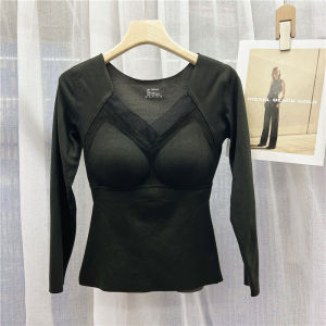 Heating Graphene Long Sleeve Thermal Base Shirt Womens V-neck One-piece Cup Inner Wear Comfortable Polyester Fiber T-shirt
