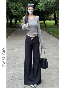 American Style Low Waist Flared Casual Pants Womens Small Size Slimming Drapey Version Super Cute Black Cotton Stretch Denim