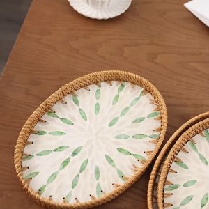 หวายเวียดนามสานถาดเก็บตะกร้า ถาดผลไม้ทำด้วยมือ ถาดทรงรี ตะกร้าขนมปัง ถาดรูปไข่ ถาดขนมหวาน ถาดอาหารเย็น ถาดเก็บของ ถาดขนมปัง