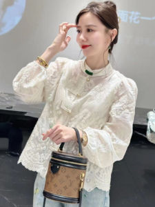 Elegant White Shirt Chinese Style Womens Fashion Spring New Arrival Casual Straight Cut Embroidered Patchwork Lace Decorated