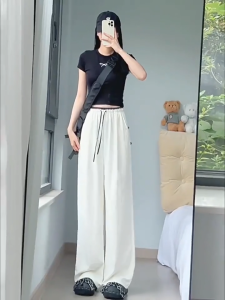 กางเกงขากว้างผู้หญิง 2025 เอวยางยืด กระเป๋าข้าง สไตล์สีบล็อก