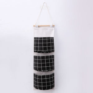 Plaid Cotton Linen Hanging Storage Bag 3 Pocket Door Organizer Wall Mount Pouch for Bedroom Bathroom Storage Holder