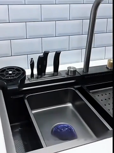 Kitchen Sink 3.0MM Thickness SUS 304 Stainless Steel Sink with Waterfall Pullout Faucet Sink Set with Knife Holder