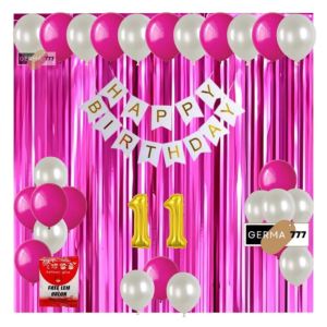 PAKET SET DEKORASI PESTA BALON ULANG TAHUN BANNER HAPPY BIRTHDAY PUTIH TIRAI ULTAH PINK TUA