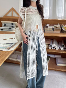 Áo Choàng Dệt Kim Caro Lưới Có Lỗ Mặc Hai Mặt Cảm Giác Thiết Kế Váy Khoét Nách Xẻ Tà Mẫu Dài Vừa Rộng Rãi Phối Bên Ngoài Mùa Hè Cho Nữ