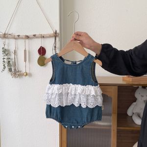 Summer childrens patchwork denim lace baby girl sweet sleeveless romper