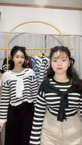 ALIKA Stripe Knit: Atasan Blouse Wanita & Sweater Rajut Syal Menyatu