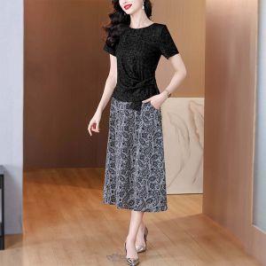 MAIMEI | Elegant Summer Two-Piece Set Semi-Body Skirt And Dress Polyester Fabric A-Line Sleeve Short Sleeve Round Neck 3D Effect For Mom