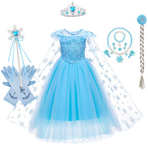 Halloween Elsa Dress For Girls Carnival Cosplay Costume Luxury Fluffy Long Sleeve Princess Frock With Cloak Snowflake Print Gown