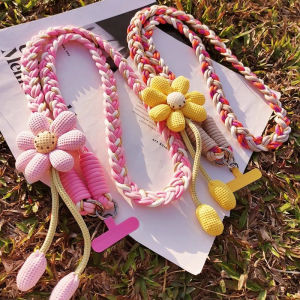 Convenient Long Woven Floral Mobile Phone Strap Womens Crossbody Universal Phone Case with Clip Anti-Loss Digital Accessories
