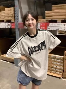 Retro Phong Cách Mỹ Áo Thun Vai Ba Thanh Nữ Mùa Hè Rộng Rãi Fit Cotton Vải Bông Nửa Tay Áo Áo Phong Cách Hàn Quốc Thời Trang Đi Làm