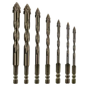 [Uehomeie]7Pcs Four-Flute Sawtooth Eccentric Drill Bit Hexagonal Shank High Hardness Glass Drill Bit for Concrete Glass Ceramic