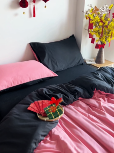 Bộ chăn mền ga gối GONI CHILL màu Black Pink Đen Hồng - Ga drap giường bo chun cao 4-25cm kích thước 1m 1m2 1m4 1m6 1m8 2m2