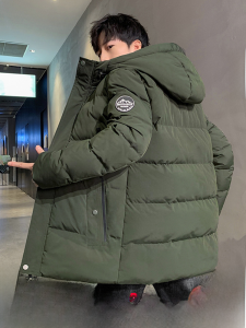 Mens Casual Hooded down Cotton Jacket Autumn Winter New Military Coat Versatile Mid-Length Zipper Closure Solid Color Pure Cotton