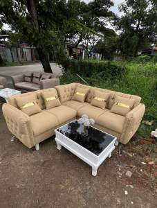 SOFA STS NEW SUDUT KANCING + MEJA KAYU