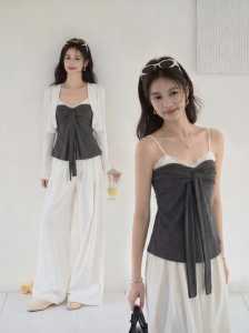 OUYANGXI | Áo Dây Giả Hai Mảnh Ghép Ren Màu Xám