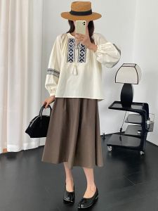 เสื้อเชิ้ตคอโปโลแขนยาวผู้หญิงสไตล์เกาหลีฤดูใบไม้ผลิปี 2024 ทรงหลวม สีพื้น แขนยาวปานกลาง ปักลาย ทรงหลวม สีพื้น