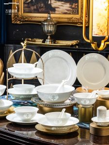 Chinese Style White Porcelain Dining Set Bowl Plate Spoon Ceramic Gift Box Traditional Craft Dinnerware Set for Everyone