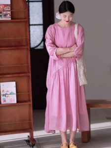 Summer Pink Linen Dress Loose Comfortable High Waist A-Line Korean Style Long Sleeve Casual round Neck Zen Lazy Style Skirt