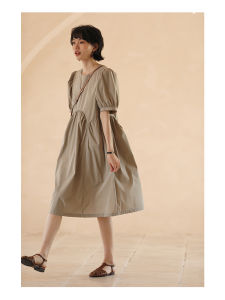 hacikis | Spring New Commuter Casual Solid Color Puff Sleeve High Waist Dress