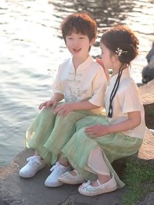 East Whale | Chinese Style Boys and Girls Summer Traditional Clothing Set for Mid-Autumn Festival