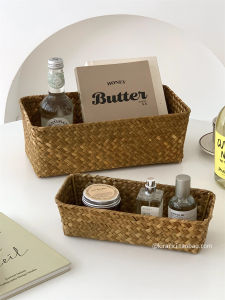 Rectangular Woven Grass Storage Basket Desktop Snacks Miscellaneous Items Organizer Cosmetic Storage Box Household Utility