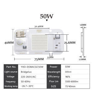 220V 50W High Power UV Purple LED 395nm Ultraviolet Bulbs Lamp  Chips Light Beads Diode LED phosphor lighting For Printer Curing