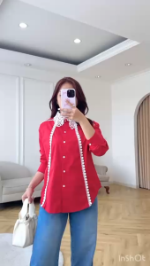 SJM KEMEJA MERAH PUTIH BROKAT CANTIK BAHAN KATUN POPLIN LENGAN PANJANG 5548