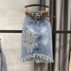 Luxury Embellished Rhinestone Fringe Denim Midi Skirt