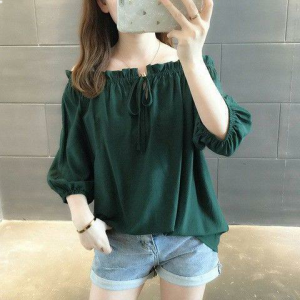 เสื้อเชิ้ตผ้าชีฟองแขนสั้นเปิดไหล่สไตล์เกาหลีหลวมๆ ลำลองสำหรับฤดูร้อน เสื้อผ้าทำงานผู้หญิง สไตล์เกาหลี คอวี ทรงหลวม แขนสั้น